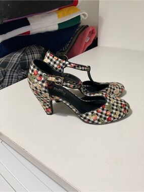 Gingham Cherry T-Strap Heels in Black & White - Women's Retro Pumps